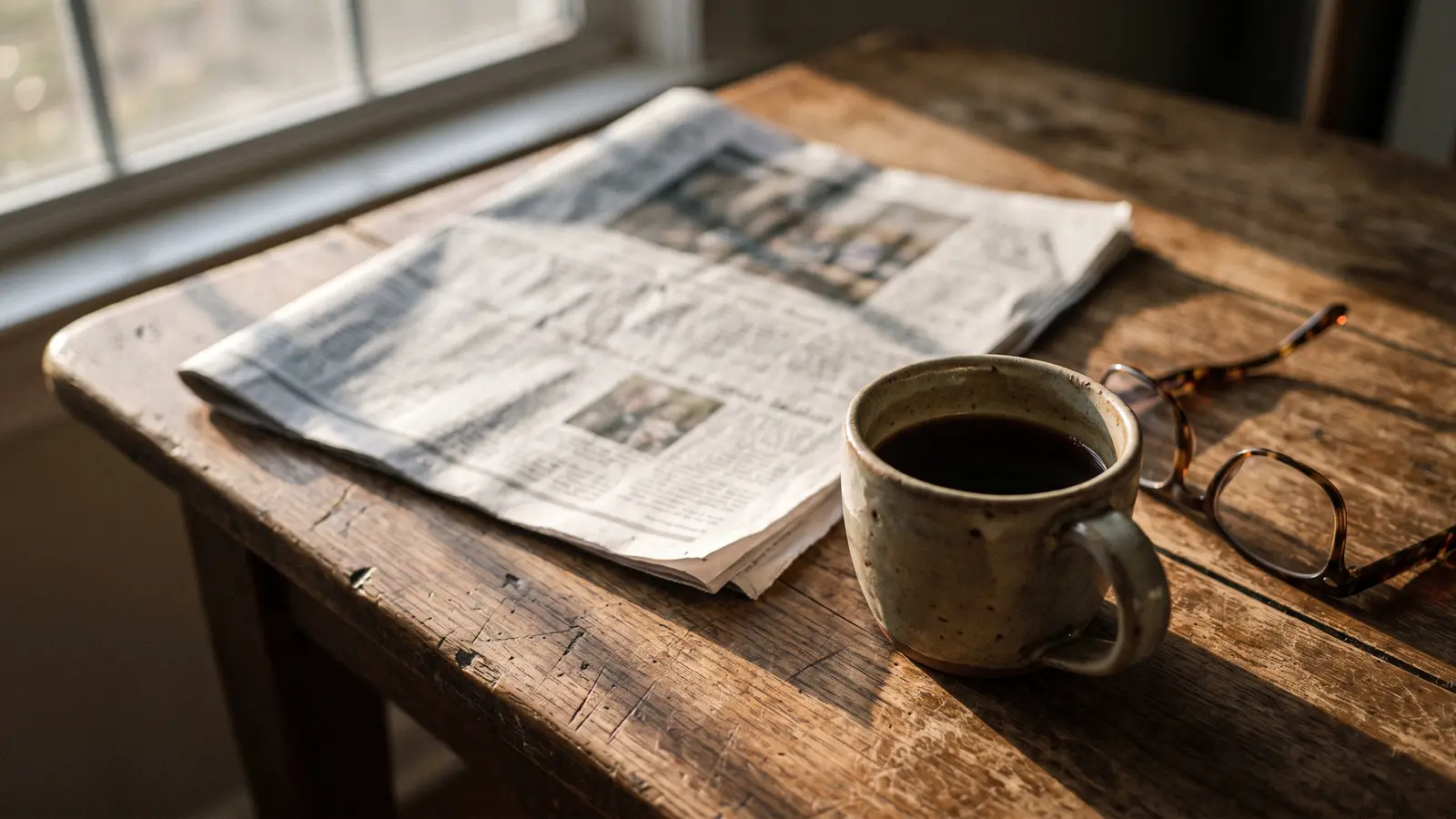 Un periódico abierto sobre una mesa junto a una taza de café