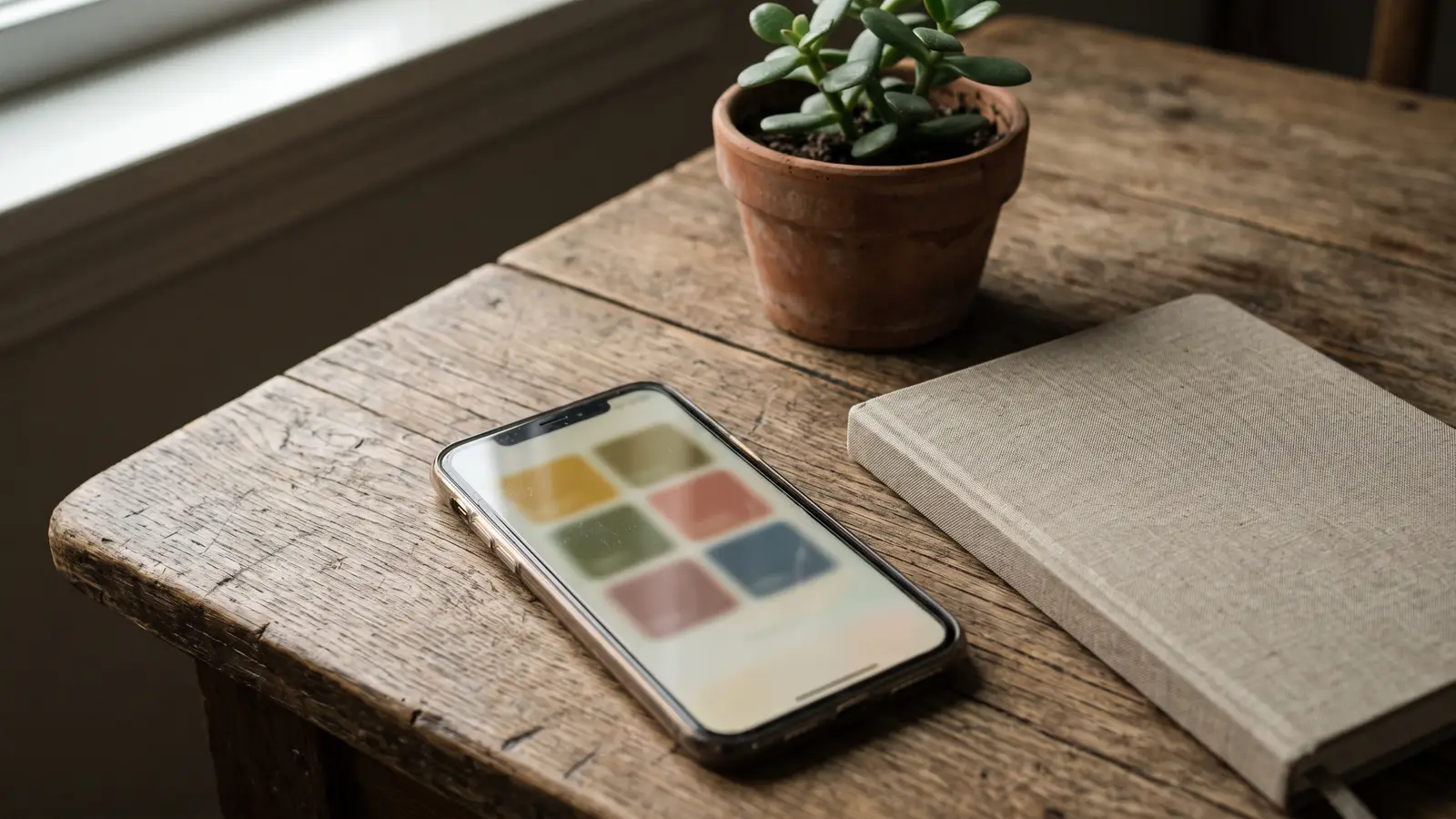 Un móvil sobre una mesa de trabajo junto a un cuaderno