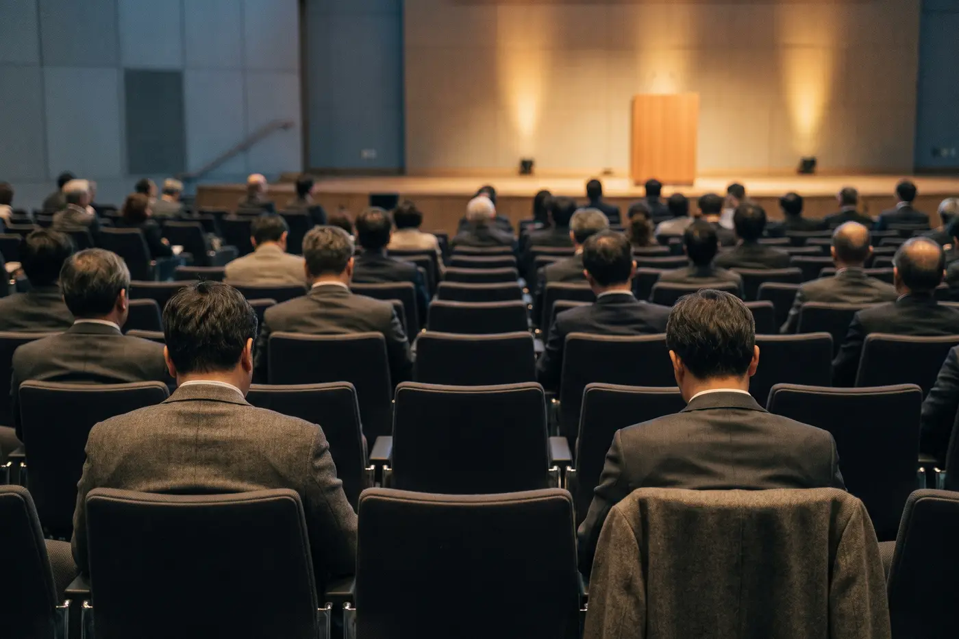 Sala de un acto de empresa con el público sentado y el escenario iluminado al fondo
