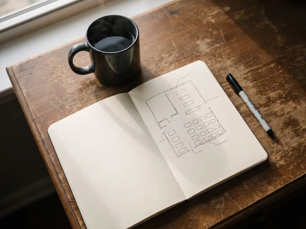 Mesa de trabajo con un plano de sala y un cuaderno durante la preparación de un evento