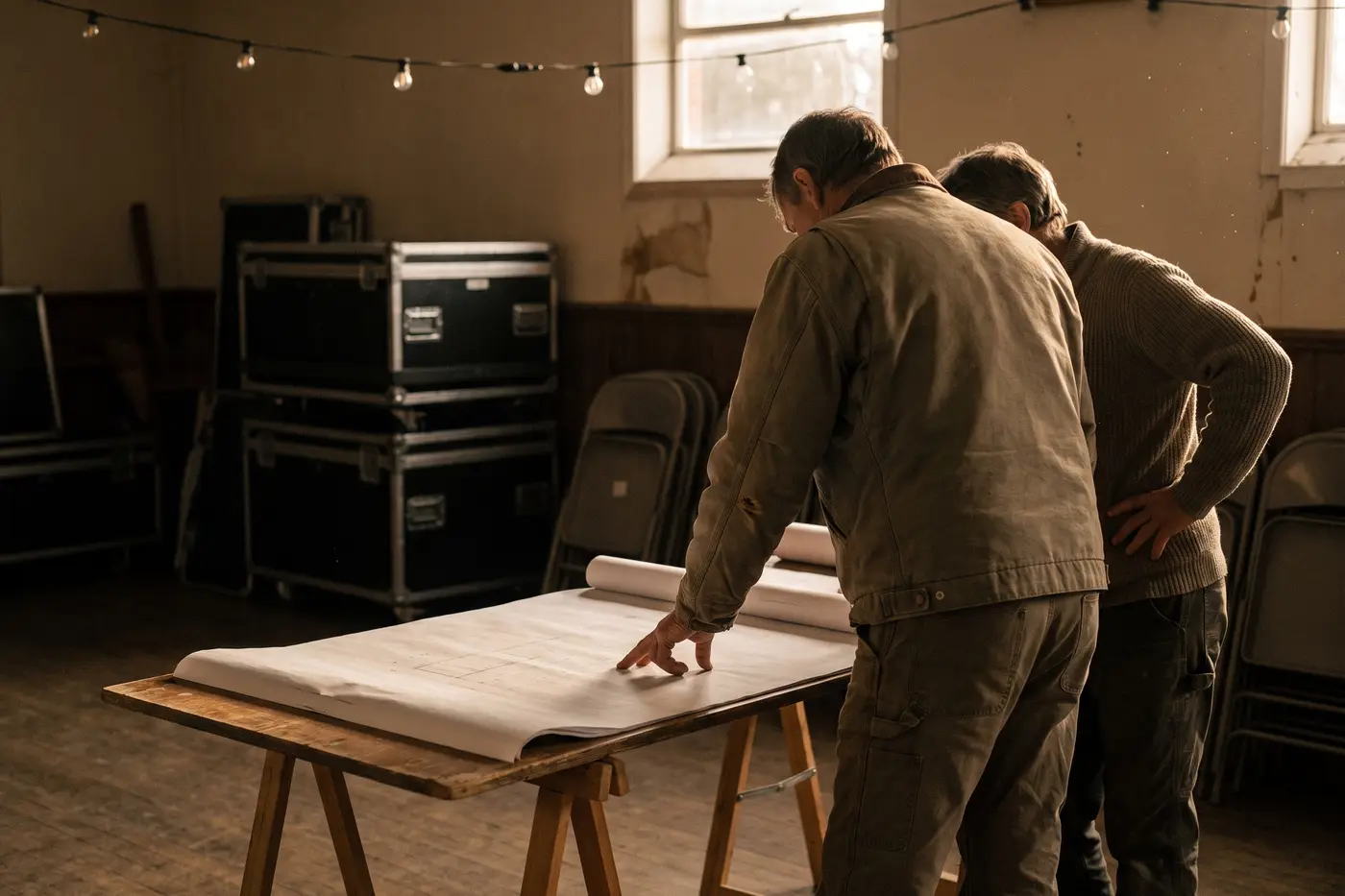 Dos personas revisando el plano de una sala durante el montaje