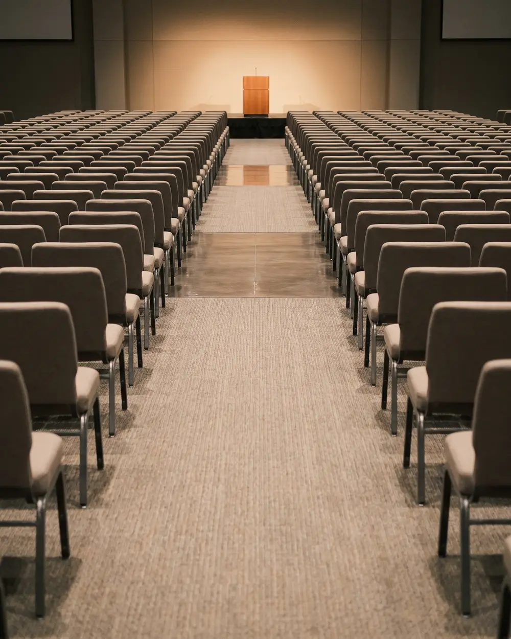 Sala de congresos vacía y montada, vista desde el pasillo central