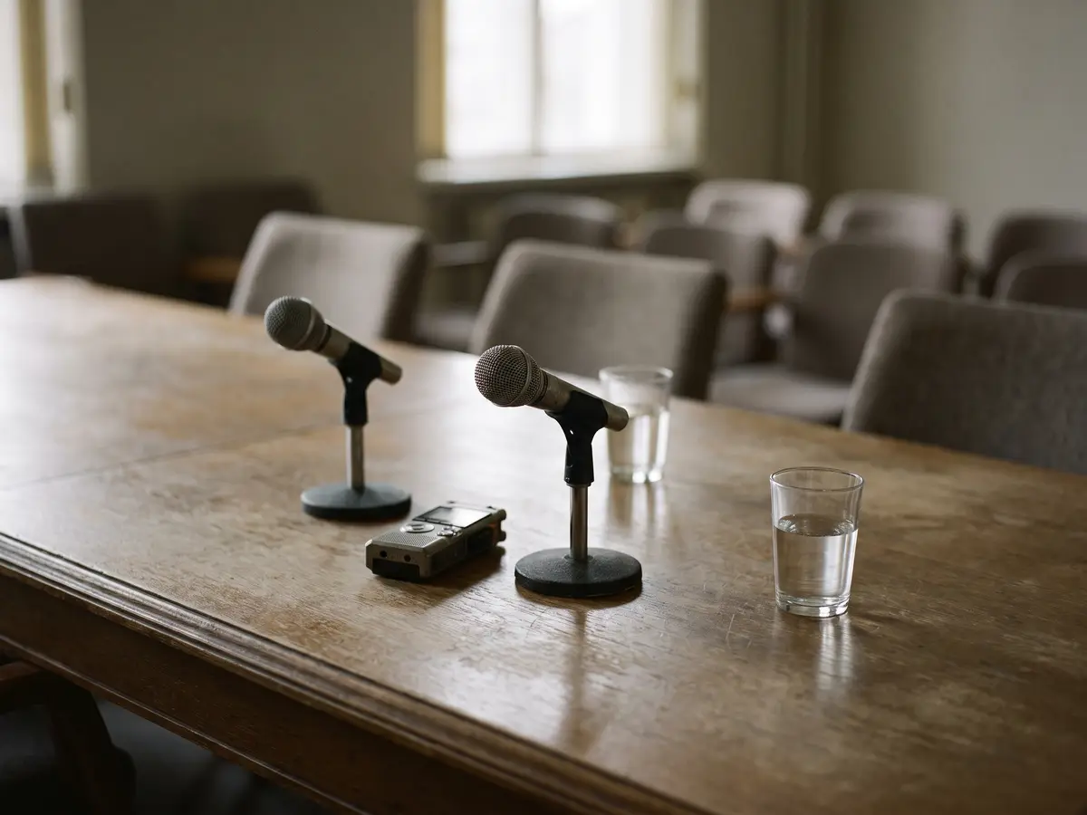 Mesa de rueda de prensa con micrófonos y una grabadora antes de empezar