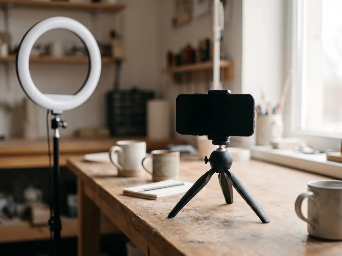 Móvil en trípode grabando contenido sobre una mesa de trabajo